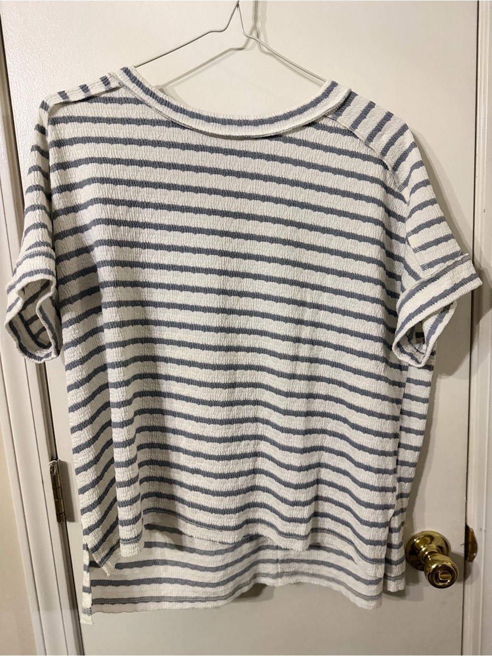 Zenana Outfitters White and Light Blue Striped Short Sleeve Top
